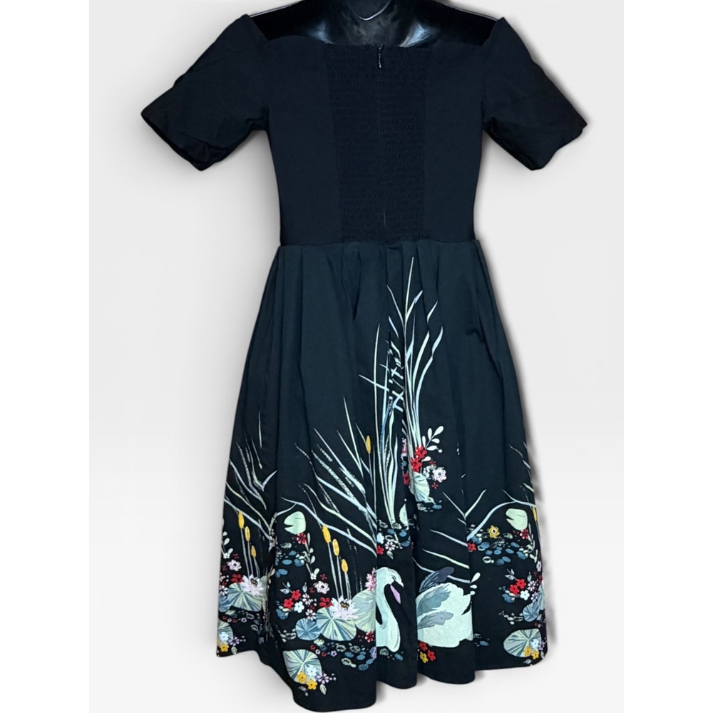 Belle Poque Black Swan Floral Print Off Shoulder Retro Swing Dress Womens M Hoco - Picture 13 of 15